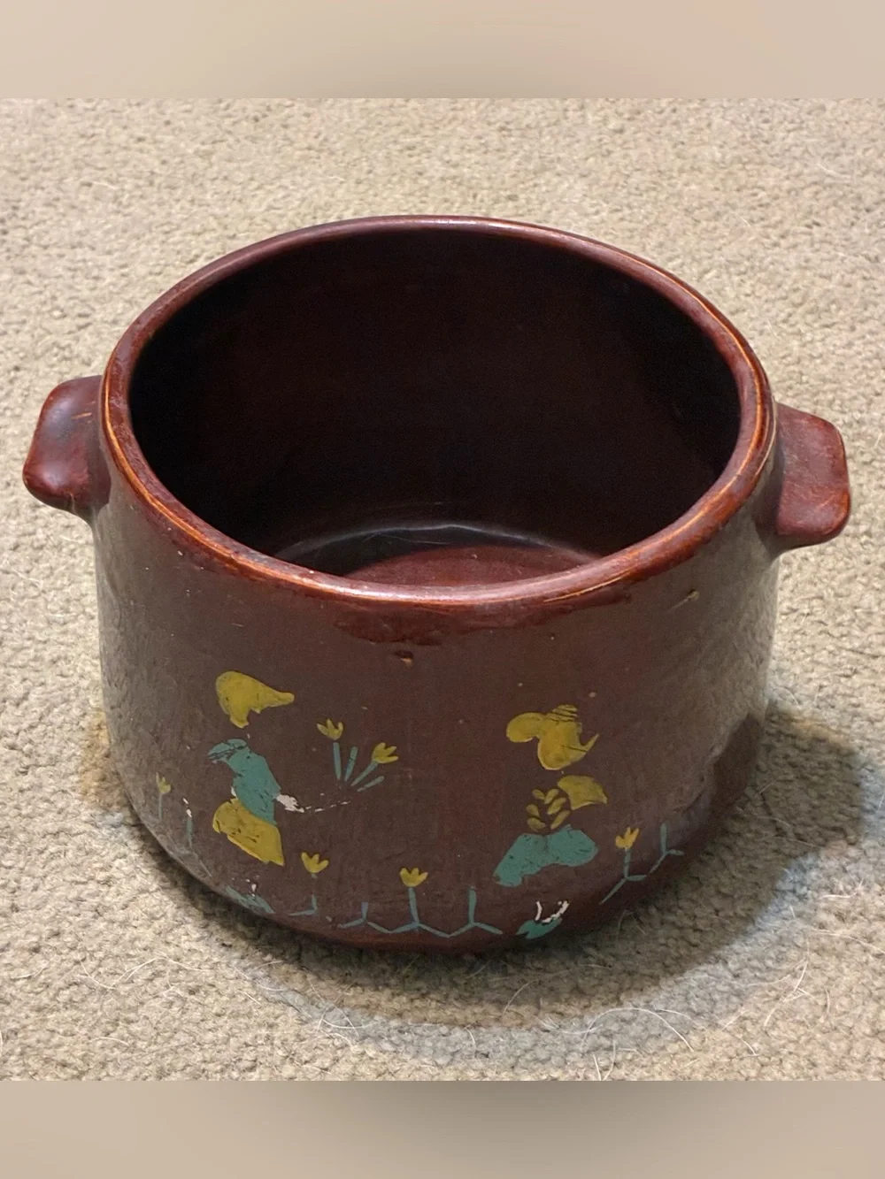 Vintage 1950s BEAN POT Boy Girl Tulips Brown Glaze Hand Painted West Bend MCM